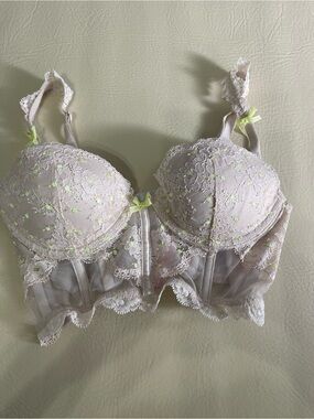 Victoria's Secret Pale Pink Lace Longline Bra with Lime Accents